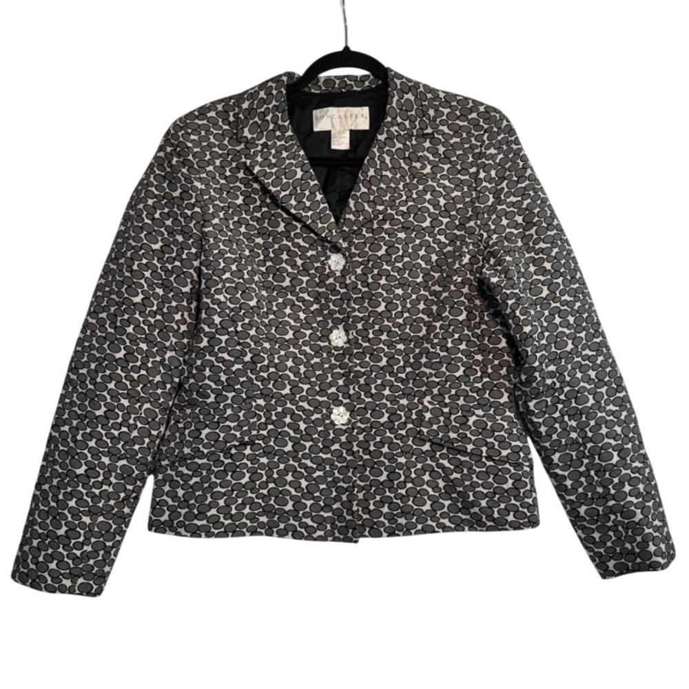 Doncaster Cotton Silk Blazer Jacket Black White Geometric Flower Button Womens